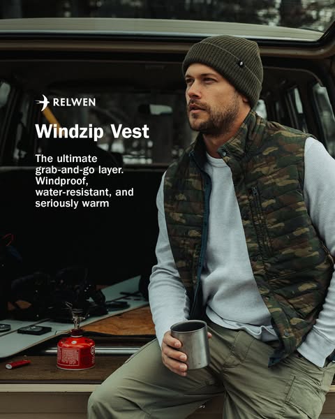 This ad showcases the Relwen Windzip Vest as the ultimate grab-and-go layer for outdoor activities. The ad features a ma