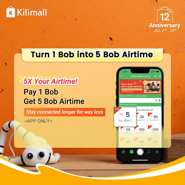 This ad is promoting Kilmall's 12th anniversary celebration, with a special offer to turn 1 Bob into 5 Bob airtime. 