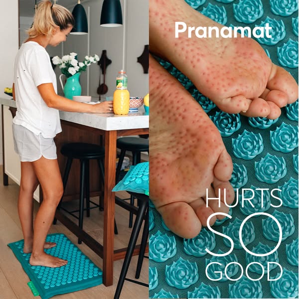 This ad for Pranamat features an image split in half to show one side of the ad with a woman standing on the mat and the