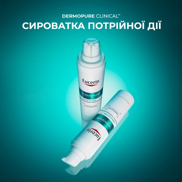 This ad showcases the Eucerin DermoPure Triple Action Serum. The serum is positioned as a clinical solution for problema