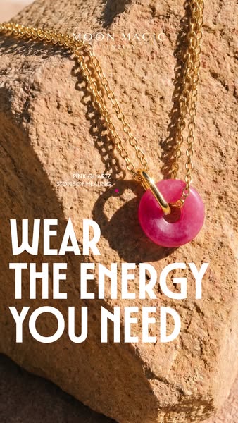This ad promotes Moon Magic's pink quartz pendant, highlighting its energetic and healing properties. It targets ind