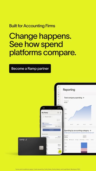The ad showcases Ramp, a spend management platform for accounting firms. It emphasizes how the platform helps compare sp