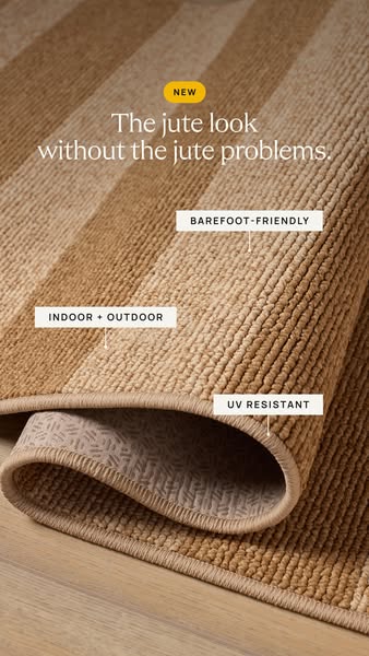 This ad promotes a rug that looks like jute but without the problems. The ad calls out that the rug is barefoot-friendly