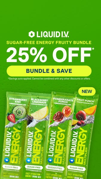 An image ad promoting Liquid I.V.'s sugar-free energy fruity bundle for 25% off.