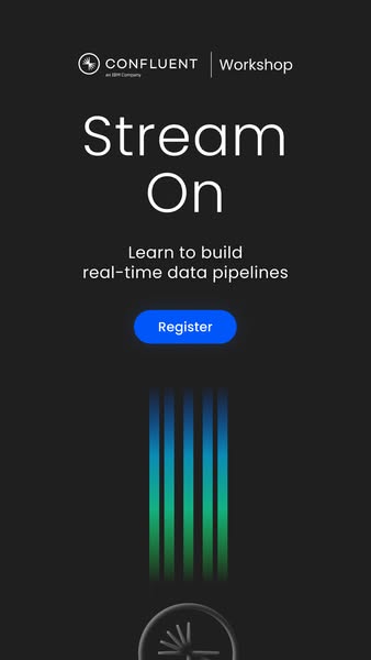 The ad is for a Confluent workshop that will teach viewers how to build real-time data pipelines. The background is dark