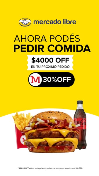 This Mercado Libre ad promotes food delivery services with a discount offer. The ad features a large burger, fries, and 