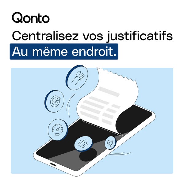 This ad promotes Qonto, a business finance solution, by highlighting its ability to centralize receipts in one place. Th