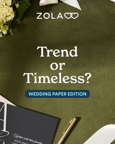 This ad promotes Zola's wedding paper products, asking the audience whether they want a trendy or timeless design fo
