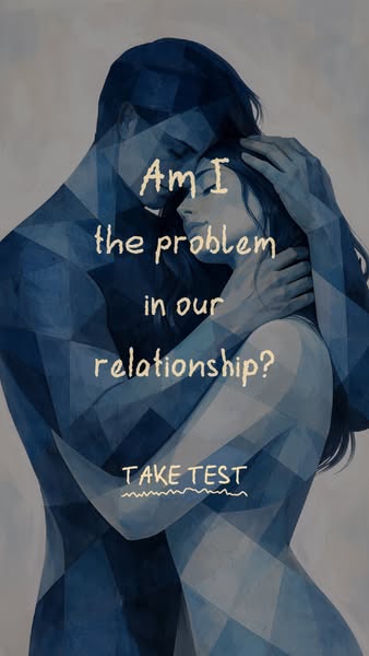This ad features an abstract image of a couple embracing, overlaid with a question about being the problem in a relation