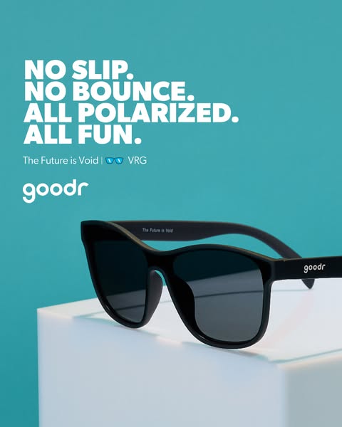 This ad for Goodr sunglasses highlights several key features, namely that they are slip-proof, bounce-proof, polarized, 