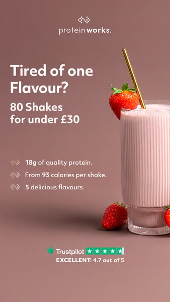 This image ad from Protein Works promotes a variety of protein shakes in a range of flavors, and at a price point under 