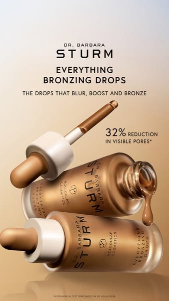 This ad for Dr. Barbara Sturm Everything Bronzing Drops highlights the product's blurring, boosting, and bronzing ca