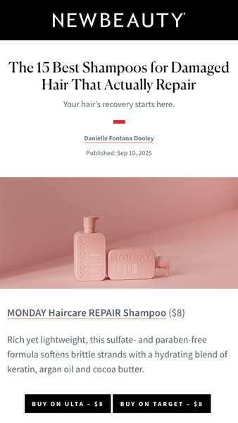 This ad mimics a NewBeauty article featuring Monday Haircare REPAIR Shampoo, emphasizing its lightweight, sulfate- and p
