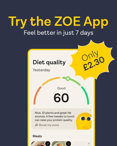 This image ad promotes the ZOE app by showing a screenshot of the app interface and highlighting the benefits of using t