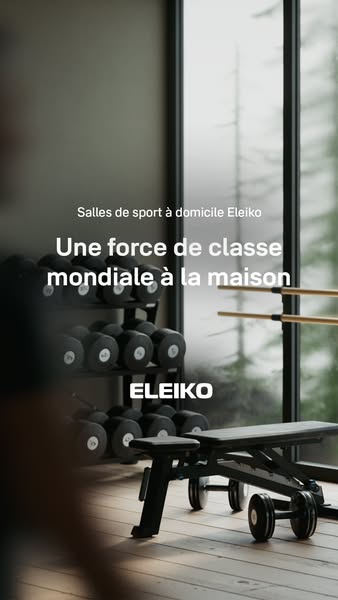 This image ad for Eleiko features a home gym setup with dumbbells and a weight bench. The ad emphasizes the brand's 