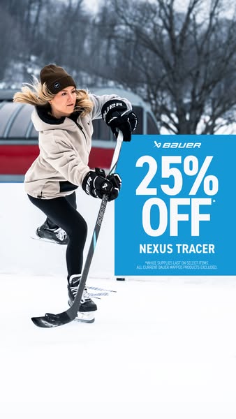 This ad promotes Bauer hockey equipment with a 25% discount. The image features a woman in hockey attire holding a Bauer