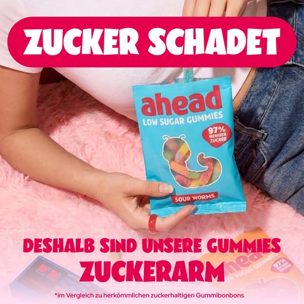 This ad emphasizes the sugar content comparison between Ahead brand gummies and other traditional gummy candies. The ad 