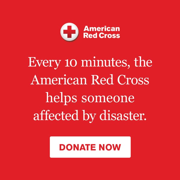 The image ad by the American Red Cross highlights the organization's frequent disaster relief efforts and includes a