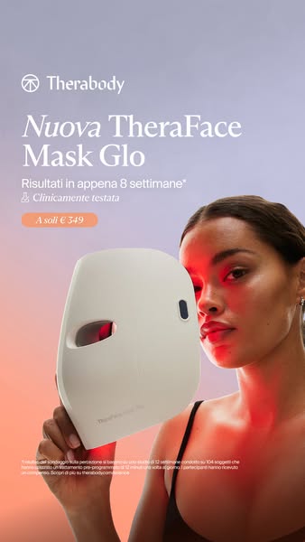This image ad promotes the Nuova TheraFace Mask Glo by Therabody, highlighting its ability to deliver results in just 8 