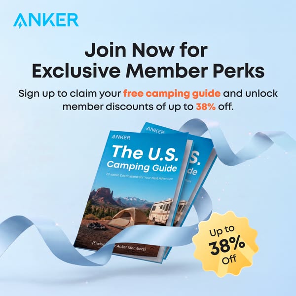 The ad promotes the Anker brand's member perks, inviting viewers to join and claim a free camping guide, in addition