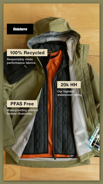 This ad showcases the features of a Finisterre jacket, highlighting its recycled materials, waterproof rating, and lack 