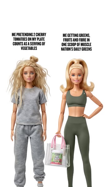This image ad for Muscle Nation's Daily Greens uses a side-by-side comparison of two Barbie dolls to illustrate the 
