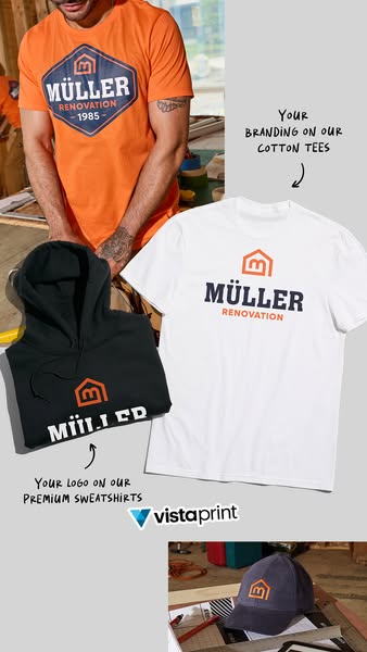 This ad showcases Vistaprint's custom branding options on apparel, including t-shirts, sweatshirts, and hats. It tar