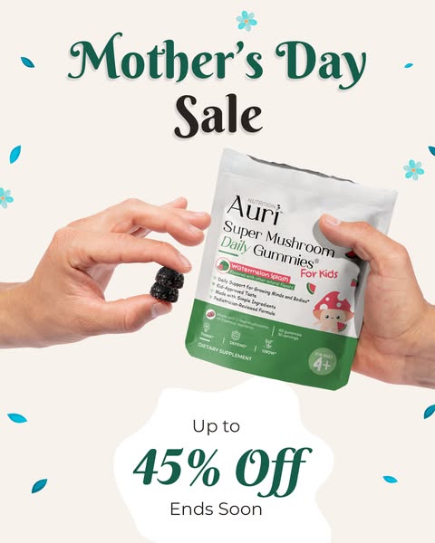 This image ad is for Auri Super Mushroom Daily Gummies. The ad promotes a Mother's Day Sale, offering up to 45% off.