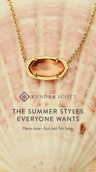 This image ad for Kendra Scott jewelry features a close-up of a gold necklace with a peach-colored stone pendant, set ag