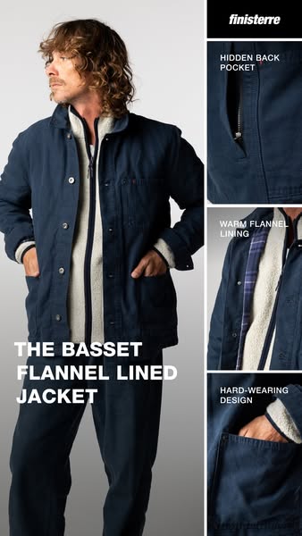 This ad showcases the Basset Flannel Lined Jacket from Finisterre, highlighting its key features such as a hidden back p