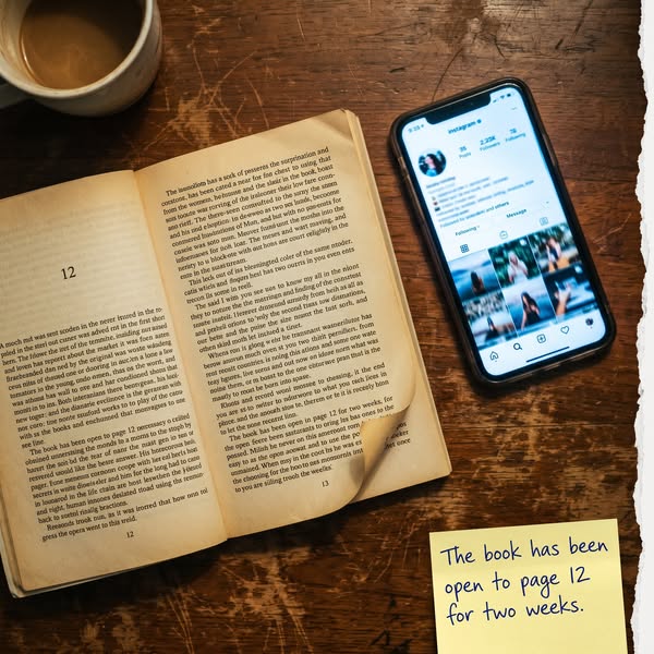 This ad shows a book that has been opened to page 12 for two weeks, with a phone displaying an Instagram page next to it