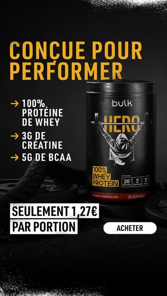 This ad promotes Bulk Hero 100% Whey Protein Double Chocolate flavor. It highlights the product's key ingredients an