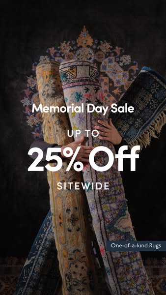 This ad features an image showcasing a Memorial Day Sale with up to 25% off sitewide on one-of-a-kind rugs. The ad posit