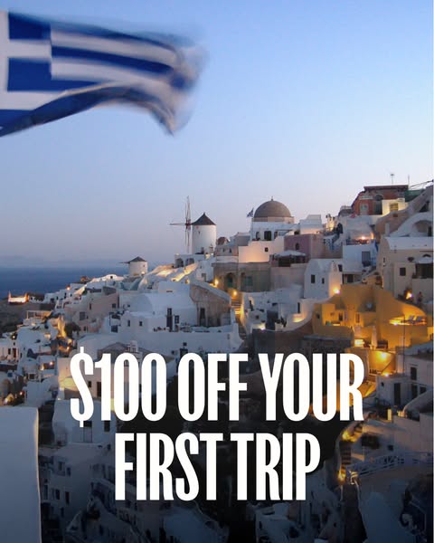 This image ad promotes a travel company by offering $100 off the user's first trip with the company. It features a s