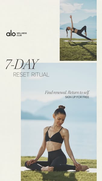 This image ad promotes Alo Wellness Club's 7-Day Reset Ritual. It features images of a woman in Alo activewear doing