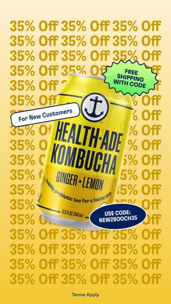 This image ad for Health-Ade Kombucha promotes a 35% off discount for new customers, along with free shipping with a cou