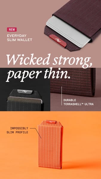 This ad showcases a slim wallet, emphasizing its strength and thinness. It highlights the wallet's durable material 