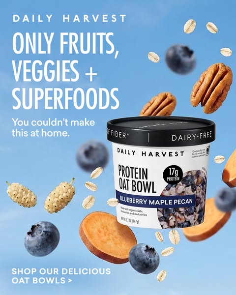 This image ad for Daily Harvest features an oat bowl with a variety of fruits, veggies, and superfoods. It emphasizes th