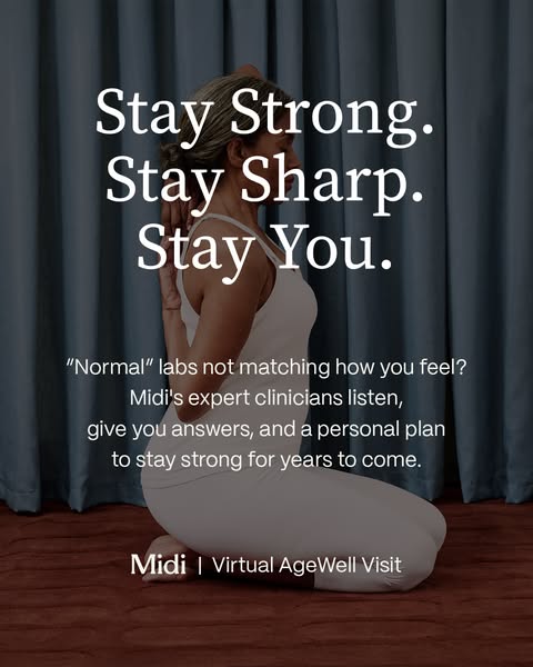 This image ad features a woman in a yoga pose, promoting Midi's virtual AgeWell visit. The ad emphasizes staying str