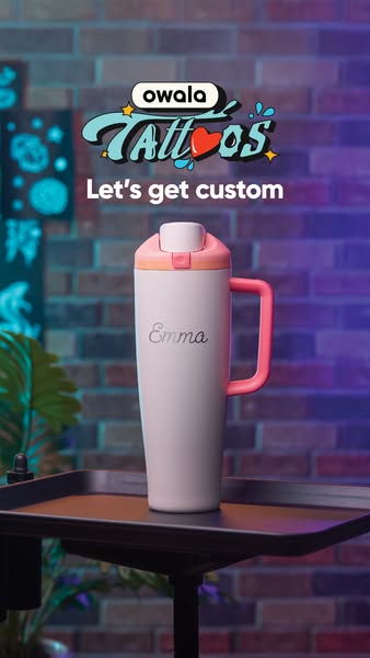 This ad by Owala promotes its customizable water bottles, emphasizing personalization via name engraving.