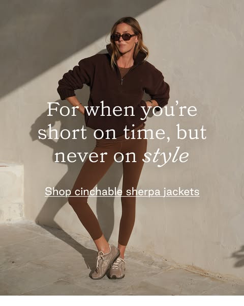 This ad features a woman wearing a brown sherpa jacket and leggings, promoting cinchable sherpa jackets. The ad emphasiz