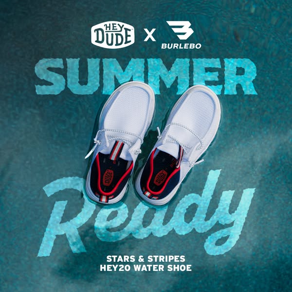 This image ad showcases a pair of Stars & Stripes Hey Dude water shoes in the context of summertime fun. It highligh