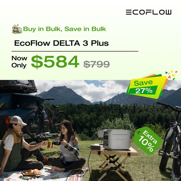 Image ad for EcoFlow DELTA 3 Plus promoting a discount, with an image of 2 people camping.