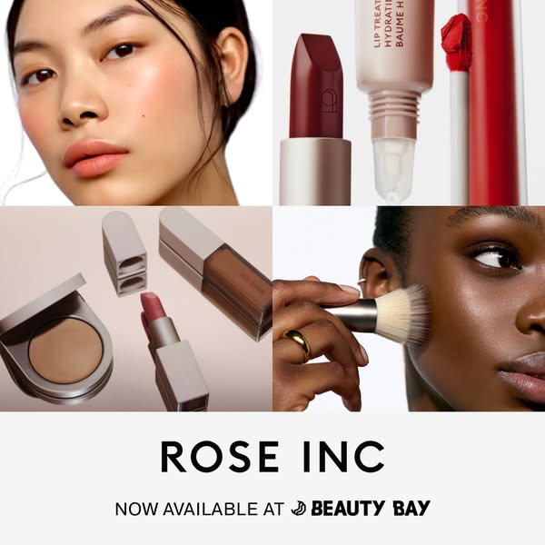 This image ad for ROSE INC showcases a variety of makeup products. The ad features a six-panel image collage, focusing o