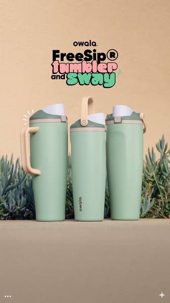 This ad showcases the Owala FreeSip Tumbler and Sway water bottles in a visually appealing setting, highlighting their d
