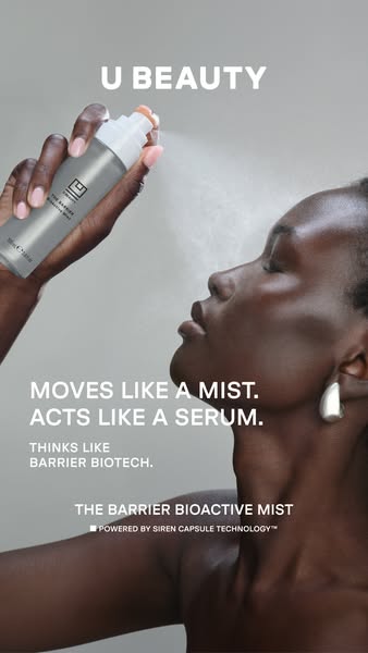 An ad for U Beauty's The Barrier Bioactive Mist, showcasing the mist in use on a model's face. The ad highlights