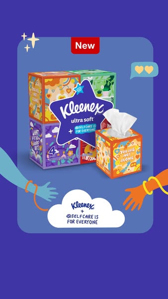This ad features a stack of Kleenex Ultra Soft tissue boxes with varied designs, suggesting that self-care and support a
