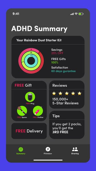 This ad is a screenshot of an app interface that is advertising a Rainbow Dust Starter Kit. The ad highlights savings, f