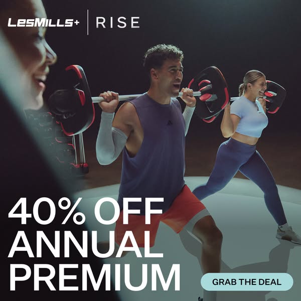 This ad promotes a Les Mills + Rise fitness program with a discount offer of 40% off the annual premium subscription. Th