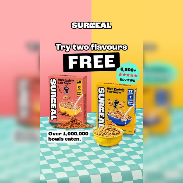 The ad features two boxes of Surreal cereal with a headline advertising the opportunity to try two flavors for free. The